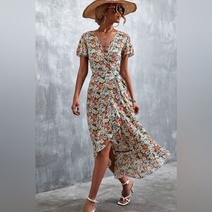 Floral Surplice Neck Tied Midi Dress